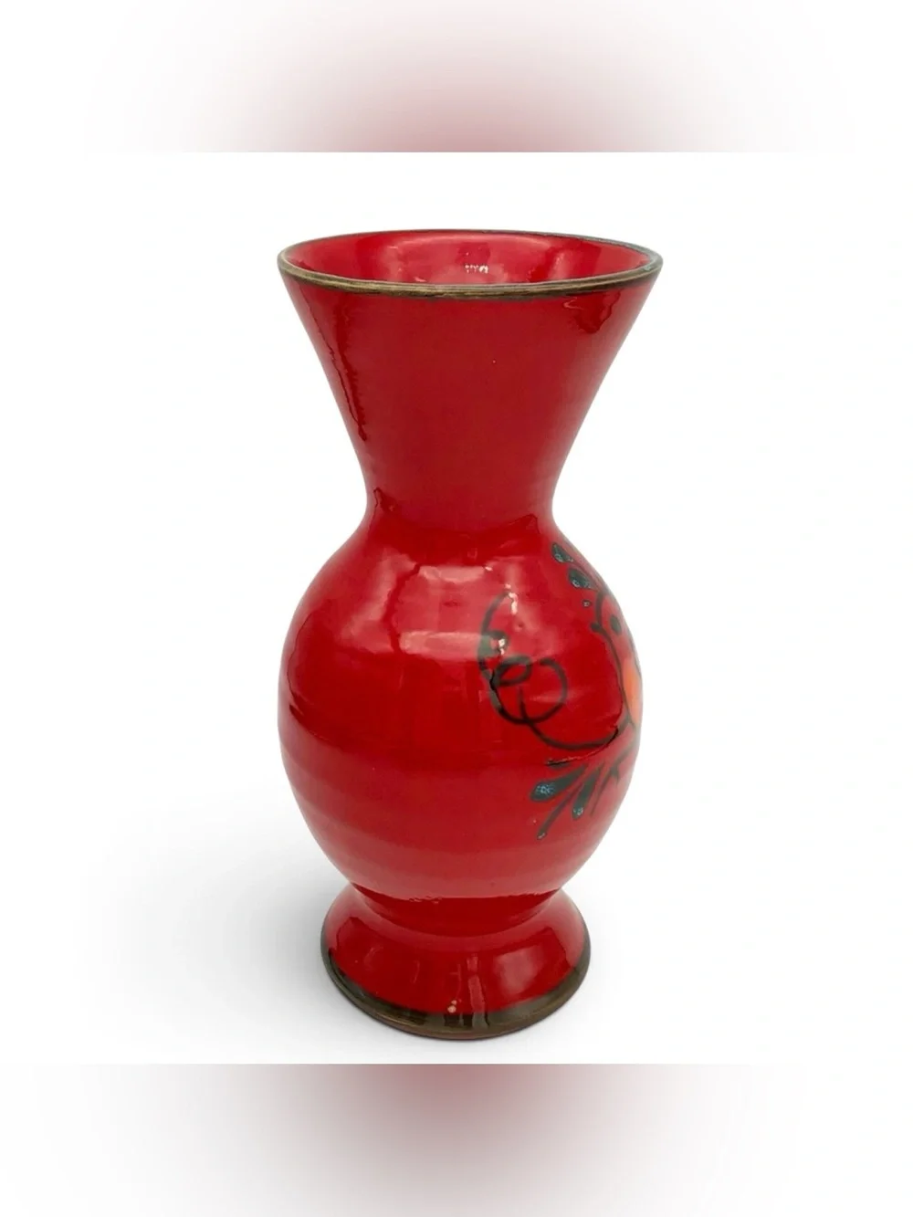 Art Pottery Italian Bellini Raymor Design Red Teal Bird Reflective Glaze MCM 60s